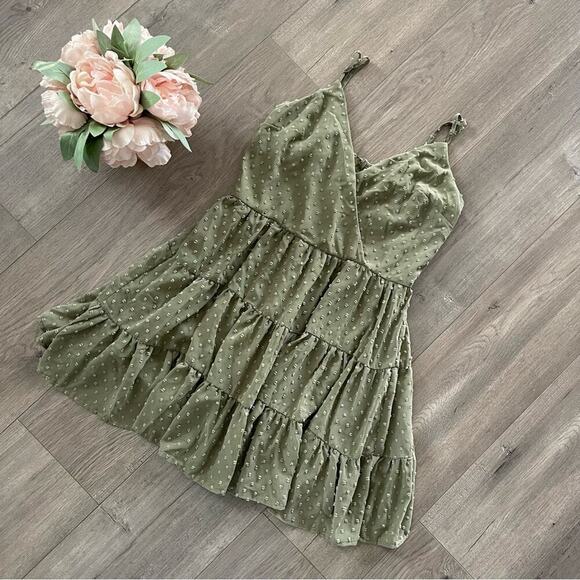Altar'd State Olive Green Swiss Dot Tiered Summer Dress - Picture 1 of 5